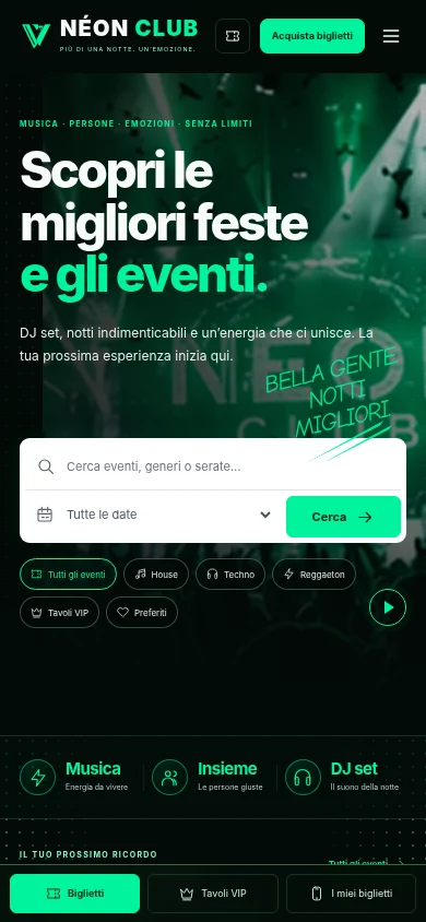 NÉON CLUB: vista reale del template mobile